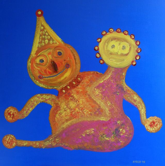 Clown, oil on canvas, 100 × 100 cm, by Emilio Ruiz